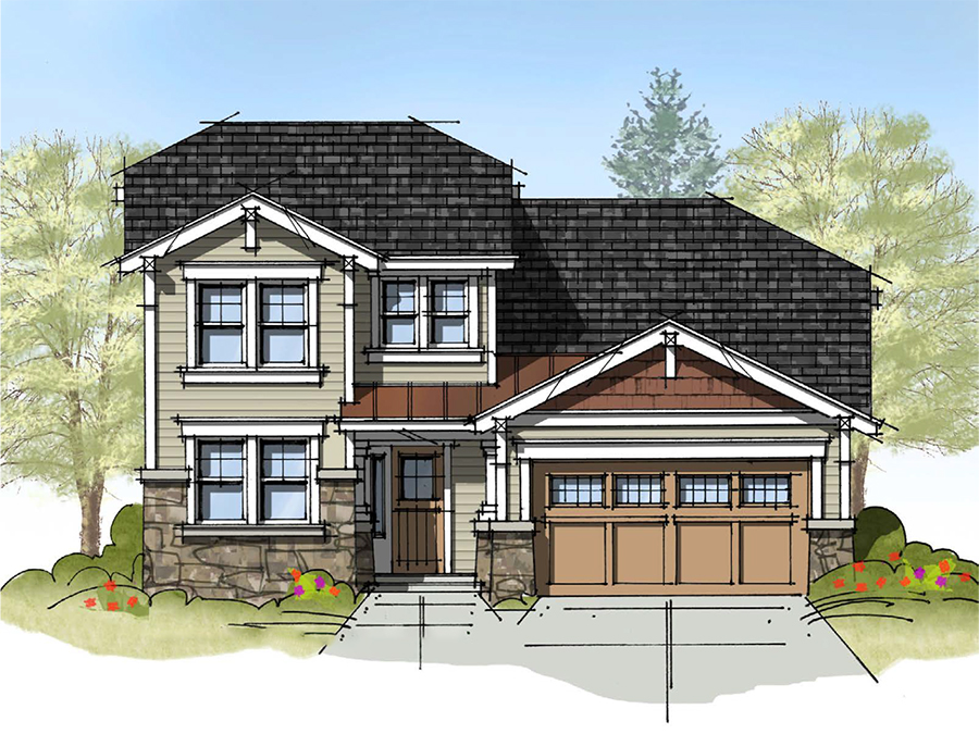 Exterior view of The Ross two-story home with a modern design featuring a welcoming porch and spacious garage.